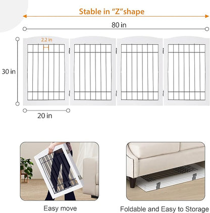 LZRS 4-Panel Freestanding Wooden Dog Gate—Extra Wide 30” Tall Foldable Pet Barrier with Support Feet, Solid Hardwood & Steel Wire Chew-Resistant Safety Gate for Doorways, Hallways, and Stairs, White