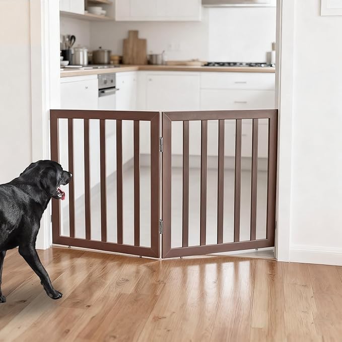 ZJSF Freestanding Indoor Dog Gate for House Foldable Wood Brown Puppy Gate for Doorways Pet Gate for Stairs Extra Wide Pet Fence 24" Height 2 Panels