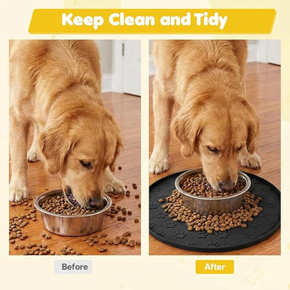 Silicone Dog Food Mat Small, 10.6'' Black Pet Food Mat, Round Dog Cat Foods Mats Small, Silicone Mats for Dogs Bowls, Waterproof Non-Slip Dogs Cat Water Bowl Placemat with Raised Edge