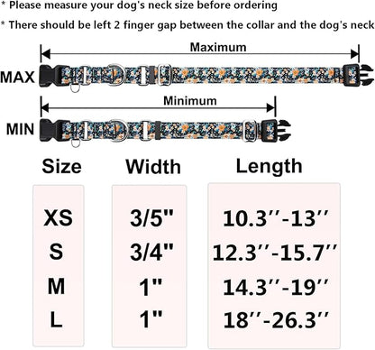 Reflective Martingale Dog Collar with Buckle Soft Nylon Floral No Slip Dog Collars for Small Dogs (Black Orange Flowers, S)