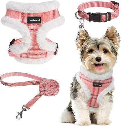SCENEREAL Small Dog Harness Collar and Leash Set, Mesh Plush No Pull Puppy Vest Harness, Warm Fleece No Chock Small Pet Halter for Outdoor Walking Training, Pink Plaid XS