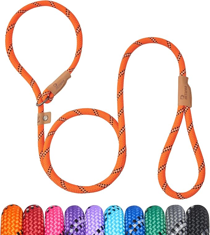 5 FT Slip Lead Dog Leash, Heavy Duty Rope Leash for Small Medium Large Dogs, No Pull Training Lead with Reflective Thread, Strong Comfortable Loop Leash (Orange Stripe, Large(1/2"))