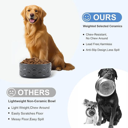 SPUNKYJUNKY Ceramic Dog Bowls 2 Pack, 8.3'' Dog Food Water Double Feeding Bowls Non-Slip for Medium to Large Sized Breed Microwave Dishwasher Safe - 60 OZ, 2pcs, Paw Black