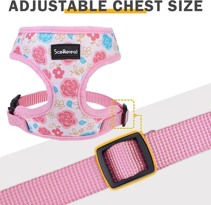SCENEREAL Small Dog Harness Collar and Leash Set, Adjustable No Pull Pet Harnesses, No Chock Soft Mesh Vest for Doggie Puppy Medium Dogs Cats Girl or Boy,Chihuahua, Yorkie, Outdoor Walking