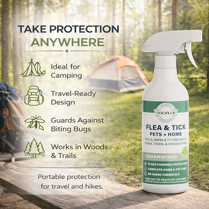 Flea Spray for Home & Pets - Flea and Tick Prevention for Dogs - Plant Based Repellent with Natural Essential Oils for Dog Flea Treatment Protection - Cedarwood Scent - 16 Fl Oz