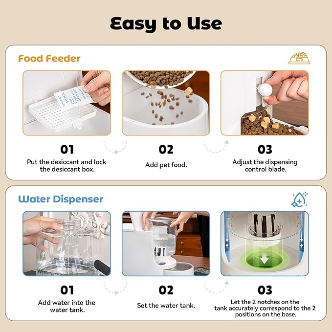JUNSPOW Automatic Cat Feeder 2-in-1 Set, Gravity Cat Food Feeder and Water Dispenser, Dog Feeding & Watering Supply with Stailess Steel Bowls, Large Capacity Low Noise, White