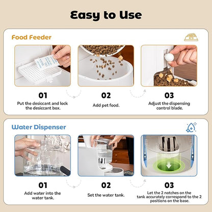 JUNSPOW Automatic Cat Feeder 2-in-1 Set, Gravity Cat Food Feeder and Water Dispenser, Dog Feeding & Watering Supply with Stailess Steel Bowls, Large Capacity Low Noise, White