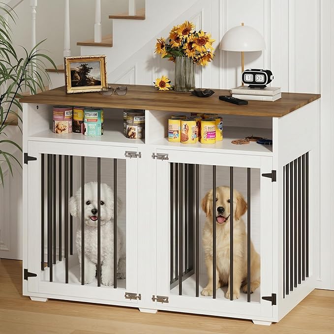 REVOMINCA 41" Dog Crate Furniture with Removable Divider, Decorative Dog Kennel with Storage Compartment, Heavy-Duty Indoor Dog Cage for 2 Small Dogs or 1 Medium, White