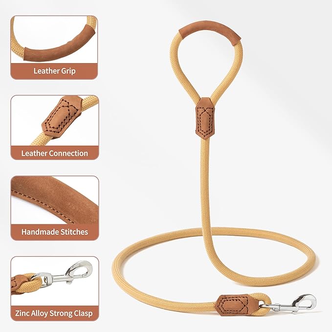 Mile High Life | Premium Leather Handle Dog Leash | Strong Rope Leash | Zinc Alloy Strong Clasp | Small Medium Large Dogs | 4/5/6 Feet(Yellow, 48 Inch (Pack of 1))
