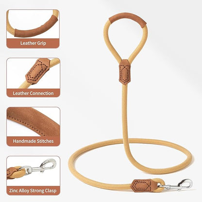 Mile High Life | Premium Leather Handle Dog Leash | Strong Rope Leash | Zinc Alloy Strong Clasp | Small Medium Large Dogs | 4/5/6 Feet(Yellow, 48 Inch (Pack of 1))