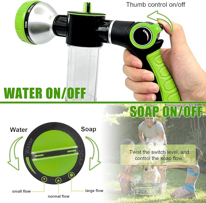 Upgraded Dog Wash Hose Attachment, 8-in-1 Sprayer Mode Garden Hose Nozzle with Pet Grooming Glove and 100cc Soap Dispenser Bottle, Adopted in Watering Flowers, Car Wash, Dog and Horse Showering
