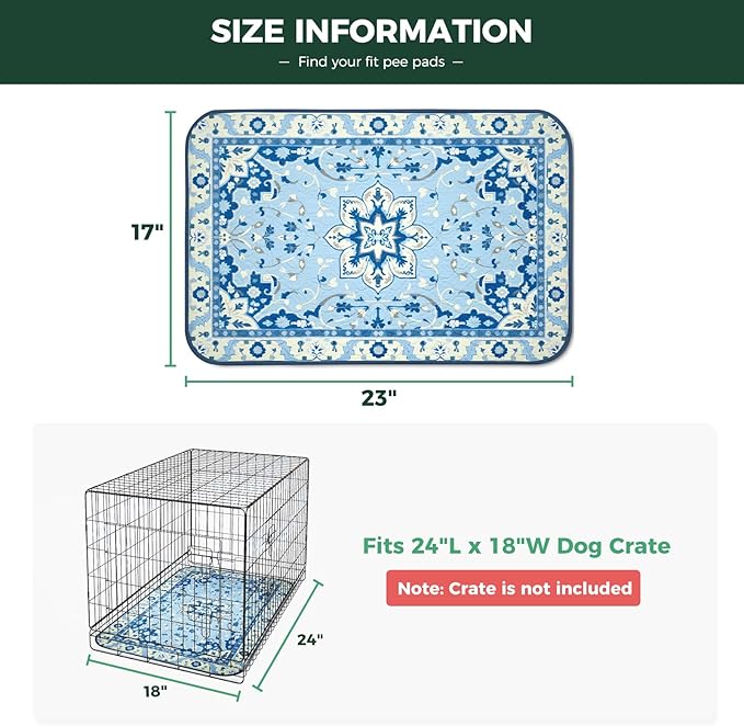 FXW Washable Pee Pads for Dogs, Puppy Pads with Super Absorbent, Specifically Designed for 24inch Cages, 17" x 23" Rectangle, Boho Blue, 2 Packs