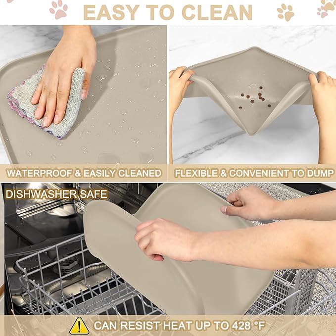 Smilool Silicone Pet Food Mat with Raised Edge for Food and Water Bowl, Dog Feeding Mats, Cat Food Trays for Floor Waterproof, Rubber Tray for Dogs and Cats, 24 x 16 x 0.8 Beige