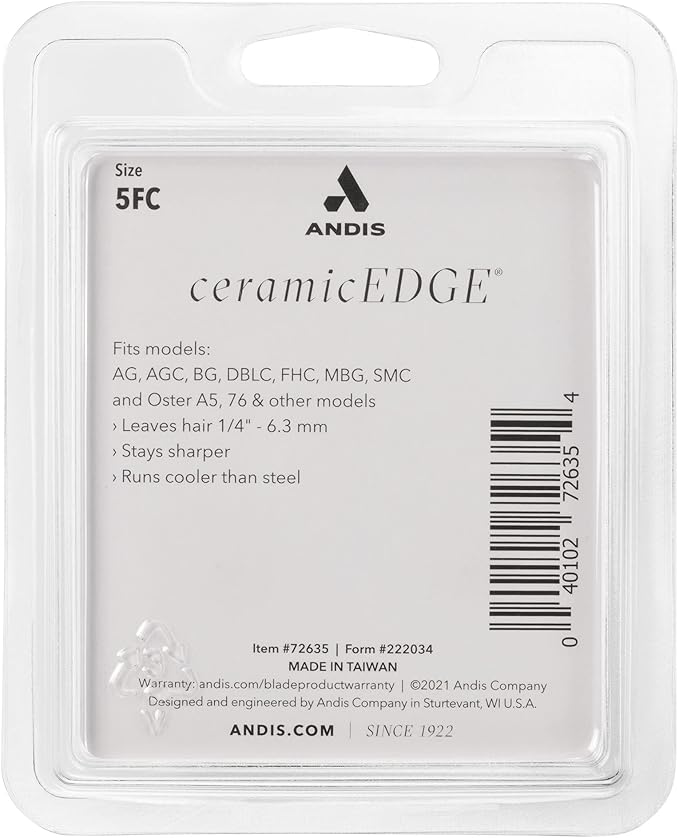 Andis 72635 ceramicEDGE Detachable Blade Size 5FC – Carbon Steel Pet Clipper Blade, 1/4" Cut Length, Professional Grooming Performance