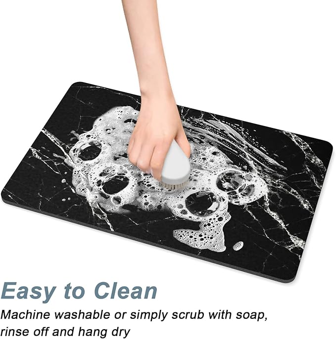 Rnivvi Dog Food Mat, 16" x 24" Marble Absorbent Dog Cat Bowl Mat for Food and Water, Cute Anti-Slip Rubber Pet Feeding Rug Protect Floors, Puppy Placemat for Feeding & Watering Supplies, Black