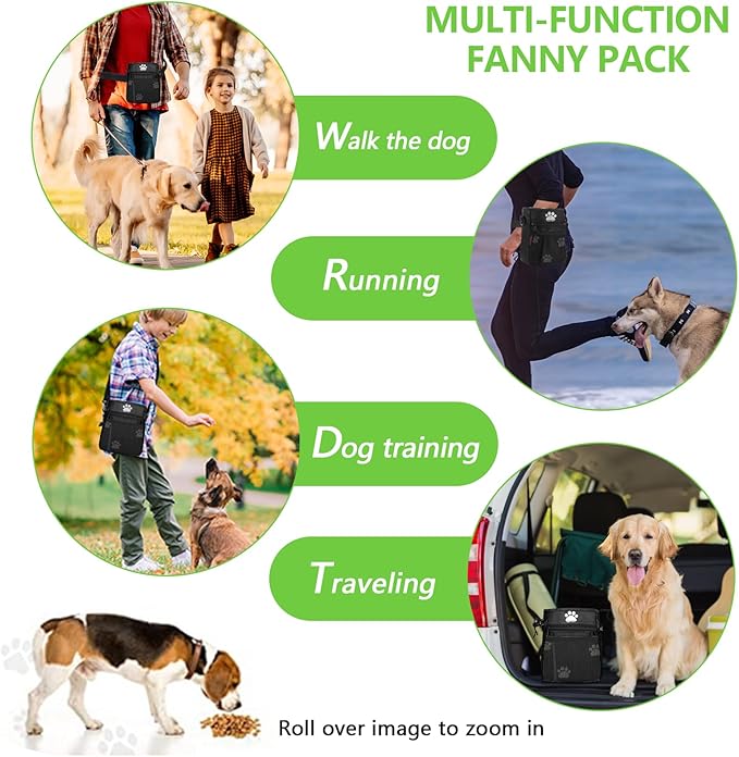 kissleaf Dog Treat Pouches for Pet Training, Treat Pouches for Pet Training,Large Dog Treat Training Pouch and Dog Clicker,Dog Training Treat Pouch Built-in Poop Bag Dispenser-Black Pattern.