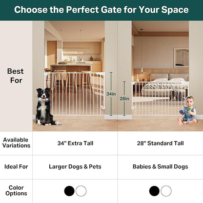 Cumbor 34" Extra Tall Baby Gate for Stairs, Wall-Mounted (Drill Required), Expandable 31.6-48" No Bottom Bar Dog Gate Indoor for Larger Pets, Large Walk Thru Door for Easy Access (White)