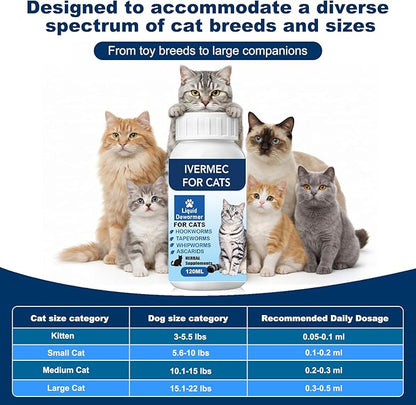 lvermect Dewormer Liquid for Cats, Cat Dewormer, Digestive Cleanser Treatment, Broad Spectrum for All Wormer, Round Worms, Pin Worms, Hookworms, Lung Worms, Cats Internal Balance Support
