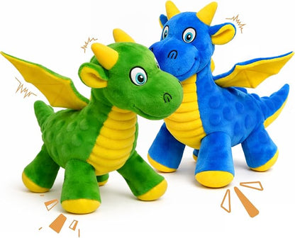 Squeaky Dog Toys - 2 Pack Soft Plush Dragon Dog Toy with 5 Squeakers & Crinkle Paper, Dog Toys for Small, Medium and Large Dogs (Green & Blue,10")