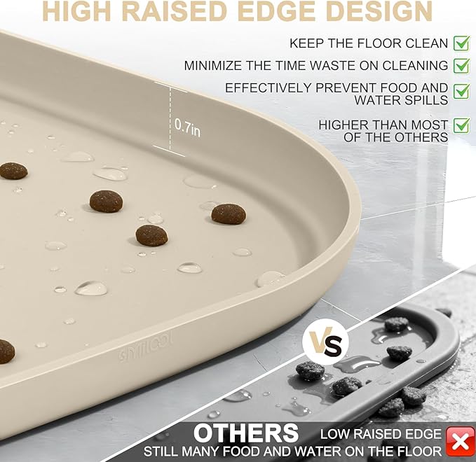 Smilool Small Silicone Pet Food Mat with Raised Edge for Food and Water Bowl, Square Dog Feeding Mats, Cat Food Trays for Floor Waterproof, Rubber Tray for Dogs and Cats, 12 x 12 x 0.7 Beige