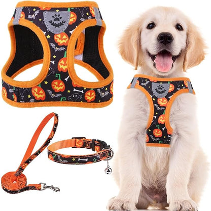 PUPTECK Adjustable Dog Harness Collar and Leash Set Step in No Pull Pet Harness for Small Medium Dogs Puppy and Cats Outdoor Walking Running, Soft Mesh Padded Reflective Vest Harnesses, Halloween, XS