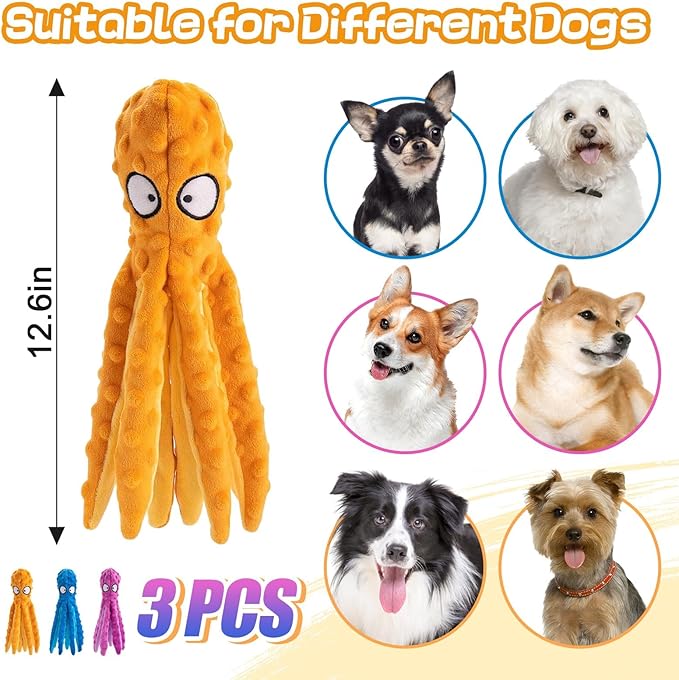 Alphatool Squeaky Dog Toys - 3pcs No Stuffing Octopus Soft Plush Crinkle Toys to Keep Them Busy, Interactive Essentials for Small Medium Pets Dogs Gifts, Blue/Purple/Orange