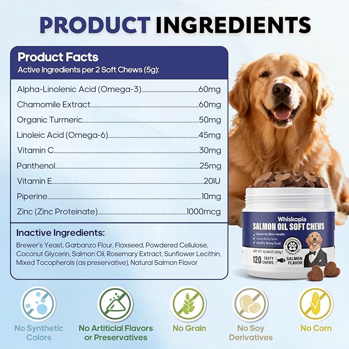 Allergy Relief Chews for Dogs Omega-3 Fish Oil Chewable Supplement for Itchy Skin and Hot Spots Allergies Relief, Paw Licking, Dry Skin & Coat Supplement Itching Relief Bites - 120 Ct