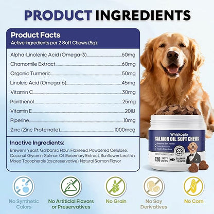 Allergy Relief Chews for Dogs Omega-3 Fish Oil Chewable Supplement for Itchy Skin and Hot Spots Allergies Relief, Paw Licking, Dry Skin & Coat Supplement Itching Relief Bites - 120 Ct