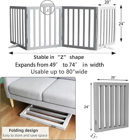 ZJSF Freestanding Indoor Dog Gate for House Foldable Wood Puppy Gate for Doorways Pet Gate for Stairs Extra Wide Pet Fence, Grey, 24" Height 4 Panels