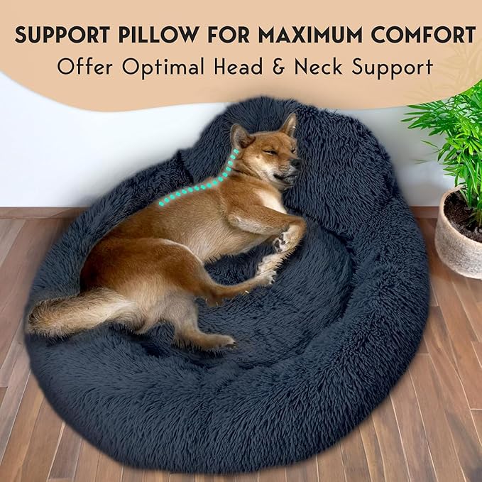 PetJett Calming Dog Bed Medium Size Dog - 30'' Donut Bed, Washable Dog Bed, Anti-Slip & Super Soft Fluffy Plush Round Dog Bed, Anti-Anxiety Premium Comfort Pet Bed, Fits Dogs Upto 45 lbs - Dark Grey