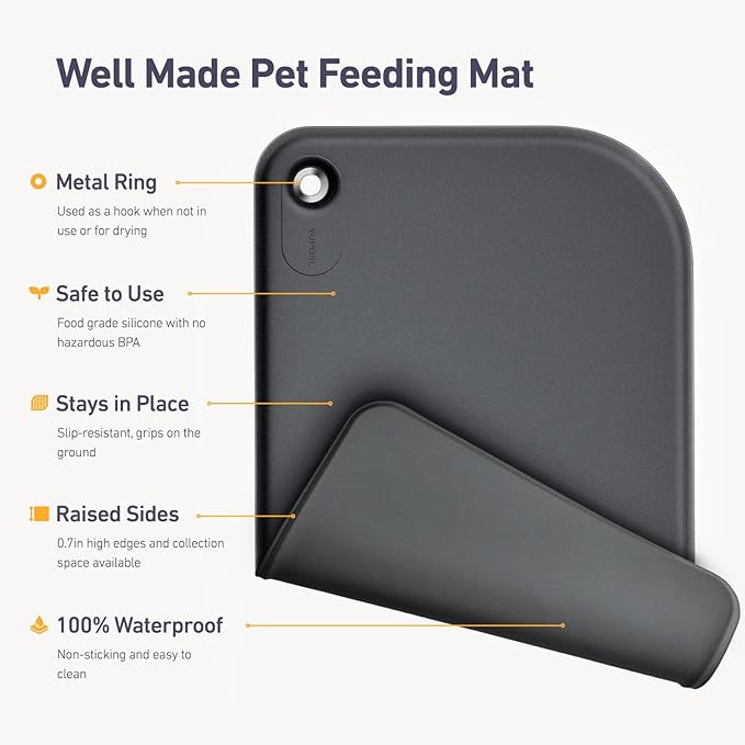 Silicone Pet Feeding Mat with Metal Ring, Waterproof, 23x15 in, Pet Feeding Mats, Raised Edges to Prevent Spills, Dogs and Cats Placement Tray to Stop Food and Water Bowl Messes (Gray, 23x15 in)