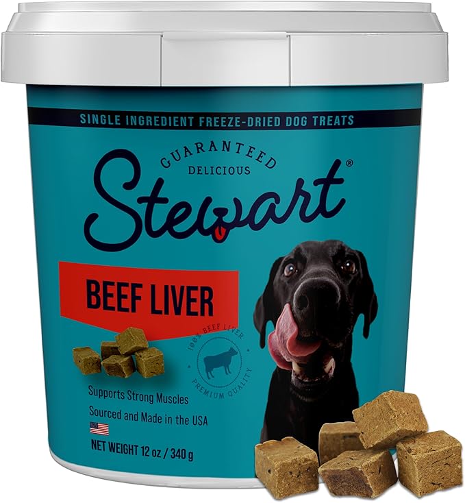 Stewart 100% Beef Liver Dog Treats, 12 oz Tub, ~270 Pieces, Freeze Dried Raw, Single Ingredient, 50% Protein Training Treats or Meal Topper, Grain Free, Gluten Free