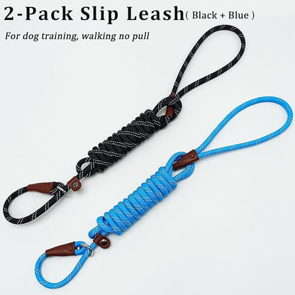 WYUZE 2-Pack 8ft Slip Lead Dog Leash, Reflective No Pull Dog Training Lead, 1/3" Nylon Rope Easy On/Off Slip Control Leash for Small Medium Dogs (Black+Blue)