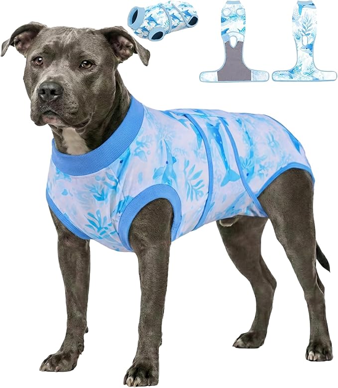 PetWarm Recovery Suit for Dogs,Surgical Suit for Dogs Female Spay Male Neutered,After Surgery Dog Onesie,Anti-Licking Dog Surgery Recovery Suit,Marine Animal Patterns,Blue,XL