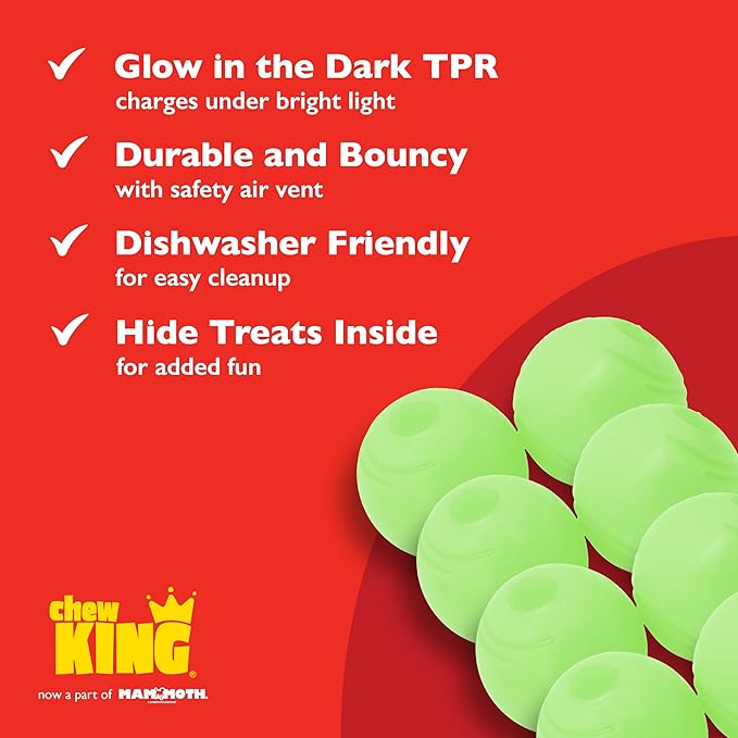 Chew King by Mammoth Glow-in-the-Dark Dog Fetch Balls (8-Pack), Lattice Rubber Balls for Night Play, High Bounce Fetch Toys, Rechargeable Under Any Light, Medium 2.5"