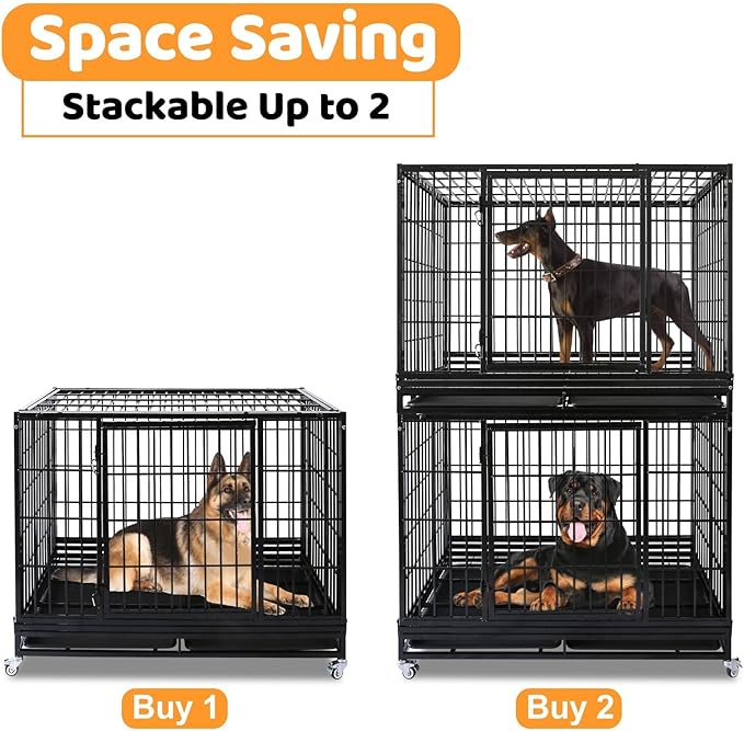 Heavy Duty Dog Crates for Large Dogs, Homey Pet 47 Inch Stackable Large Dogs Cage Kennel Indoor with 4 Lockable Wheels, 2 Trays, Metal Grids, Double Doors, Big Metal Wire Dog Crate