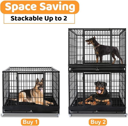 Heavy Duty Dog Crates for Large Dogs, Homey Pet 47 Inch Stackable Large Dogs Cage Kennel Indoor with 4 Lockable Wheels, 2 Trays, Metal Grids, Double Doors, Big Metal Wire Dog Crate