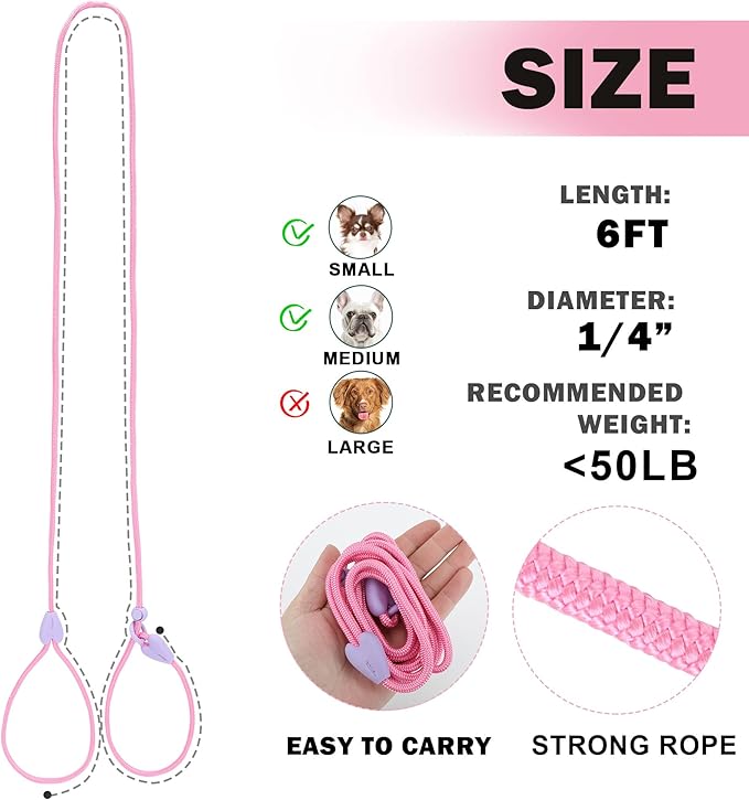 Slip Lead 6 FT Dog Training Leash - 6 Color Slip Leads for Medium Dogs - No Pull Dog Leash (Pink)