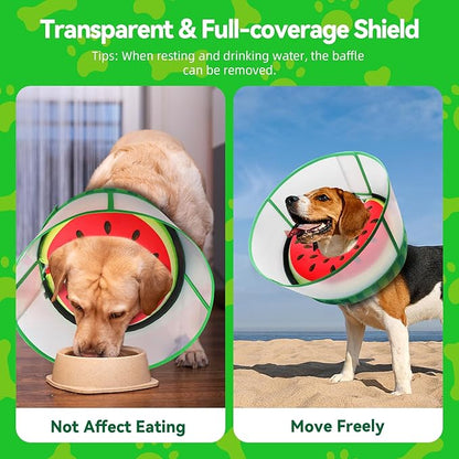 Upgraded Inflatable Dog Cone Collar with Transparent Anti-Licking Shield, Adjustable Elizabethan Collar for Medium Large Dogs, 2-in-1 Design with Detachable Shield and Soft Padding (M, Watermelon)