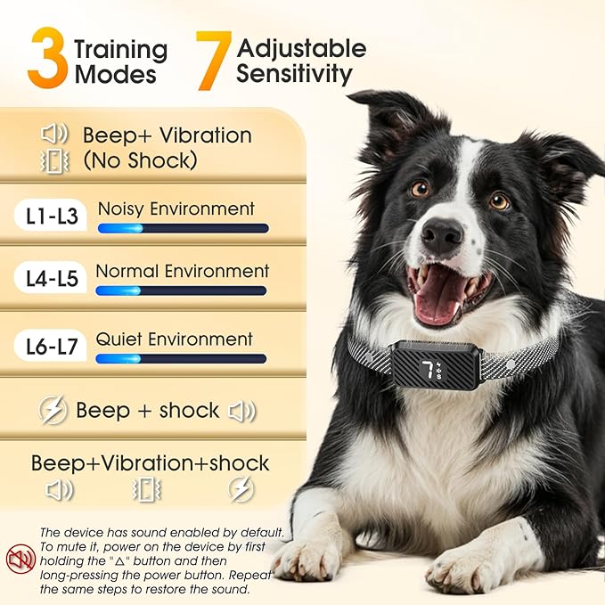 Dog Bark Collar for Large Medium Small Dogs, Effective No-Bark Collar, Smart Barking Collar, Rechargeable Bark Collar with 7 Sensitivity, 3 Modes, Waterproof, Light Black