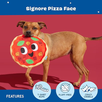 Barkbox Signore Pizza Face Dog Toy | Fluff-Free Crinkle Pizza Toy with T-Shirt Rope | Durable Dog Toys Dogs & Puppy Essentials