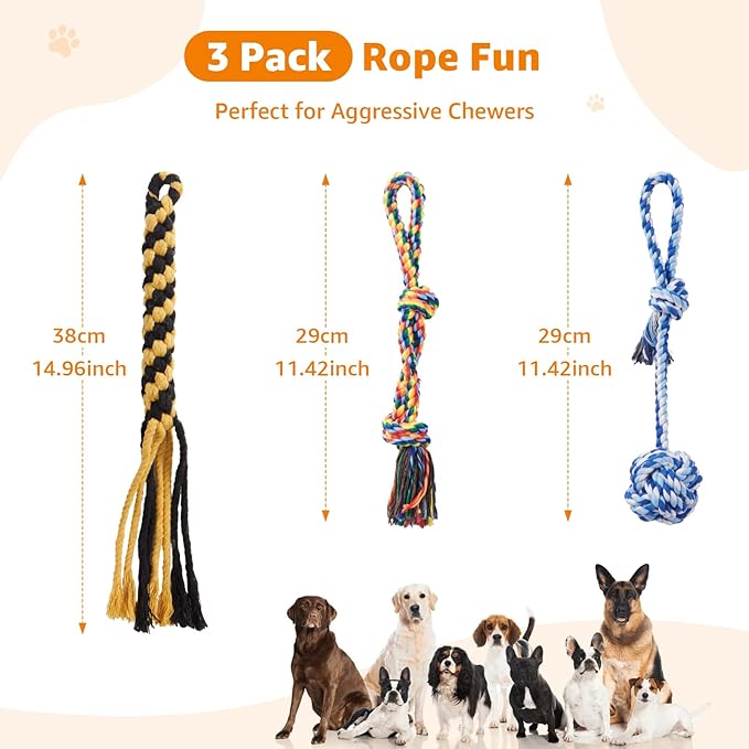 Heavy Duty Dog Rope Toys for Aggressive Chewers - 3 Packs Indestructible Cotton Dog Chew Toys for Small Medium Breed - Exercise Interactive Tug of War Dog Toy for Boredom, Teeth Clean(Miax Colors)