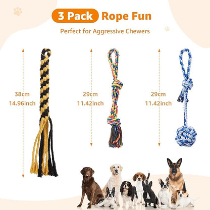 Heavy Duty Dog Rope Toys for Aggressive Chewers - 3 Packs Indestructible Cotton Dog Chew Toys for Small Medium Breed - Exercise Interactive Tug of War Dog Toy for Boredom, Teeth Clean(Miax Colors)
