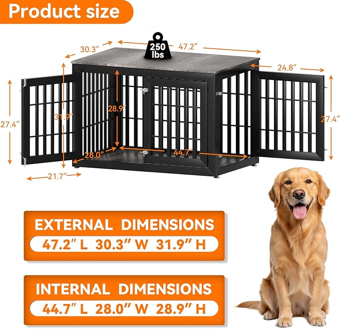 Snuowu 48" Heavy Duty Dog Crate Furniture for Small,Medium and Large Dogs,Rustic Wooden Dog Cage Kennel Indoor Furniture with Waterproof Top,Decorative Pet House Side End Table (Black & Grey)