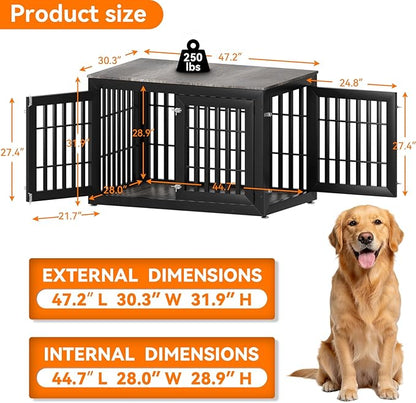 Snuowu 48" Heavy Duty Dog Crate Furniture for Small,Medium and Large Dogs,Rustic Wooden Dog Cage Kennel Indoor Furniture with Waterproof Top,Decorative Pet House Side End Table (Black & Grey)