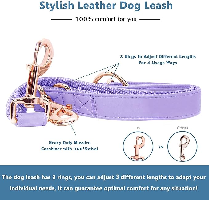 Soft Leather Dog Collar and Leash (6.6') Set - Stylish Rose Gold Heavy Duty Metal Buckle, 4 Adjustable Lengths Leash for Small Medium Large Dogs - Comfortable & Easy to Clean (S, Light Purple)