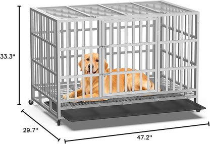 Hiwokk 48 Inch Heavy Duty Dog Crate, Indestructible Escape-Proof Dog Kennel for High Anxiety Large Dogs, Strong Metal Pet Cage with Double Doors, Lockable Wheels & Removable Tray, XL XXL XXXL