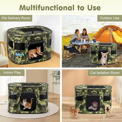 Dog Playpen, Portable Pet Cat PlayPen, 600D Oxford Dog Kennel Tent Crate, Waterproof&Breathable, Indoor Outdoor Travel Camping for Medium/Large Breed with Carrying Case+Bowl(L), Black Camouflage
