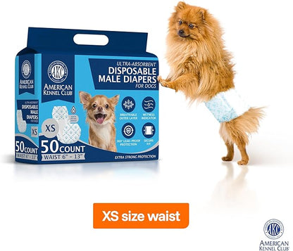 American Kennel Club Male Dog Wrap, Disposable Diapers with Wetness Indicator, X-Small, 50 Count