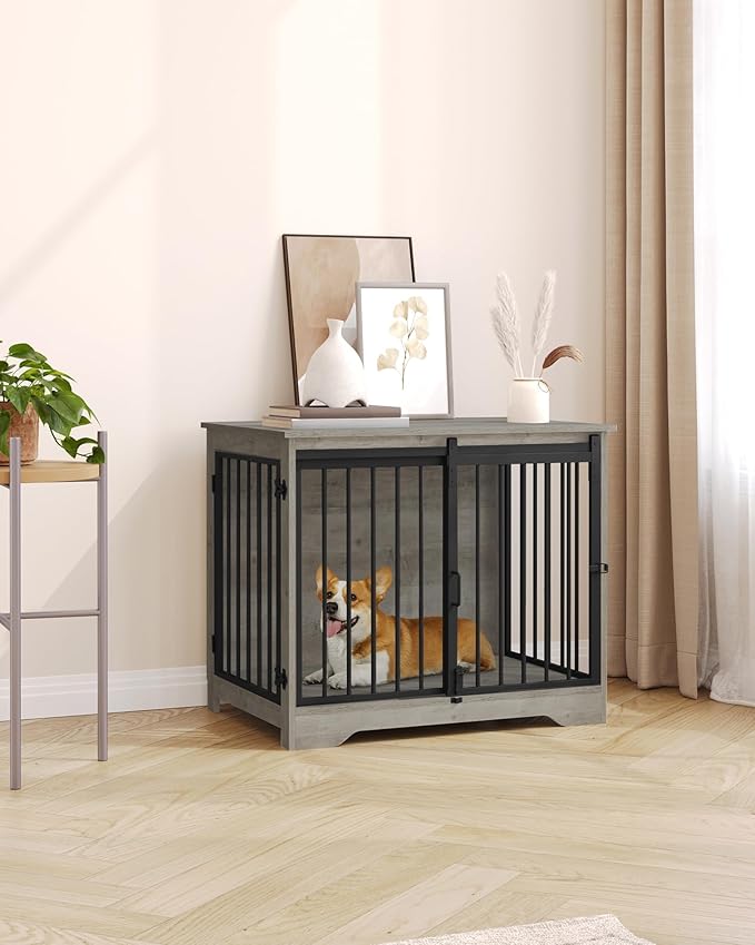 Hzuaneri 31.9" Dog Crate Furniture with Barn Door, Heavy Duty Dog Kennel Indoor with 2 Doors, Wooden Pet Cage End Table for Small Medium Dogs up to 44 lb, Anti-Chew Anti-Escape, Greige DFC83605B